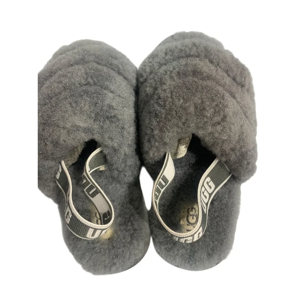 UGG Kids Fluff Yeah Slide‎ Slippers Gray Fuzzy US 10 KIDS back Sandals, Comfy SZ